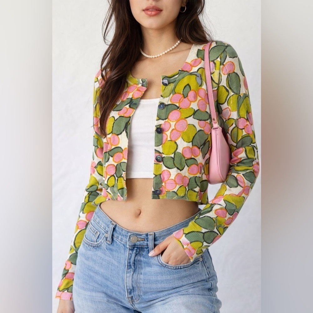 Milly New York Cropped Floral Cotton Cardigan S Y2K